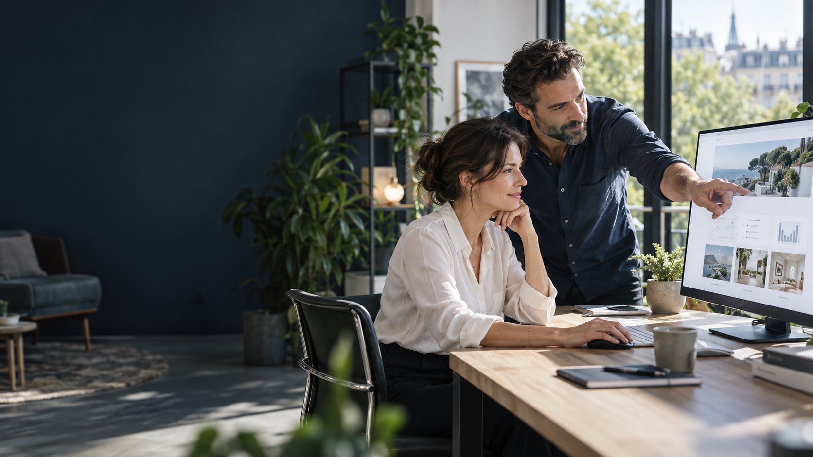 Entrepreneure et consultant travaillant ensemble sur un site web et ses indicateurs de performance