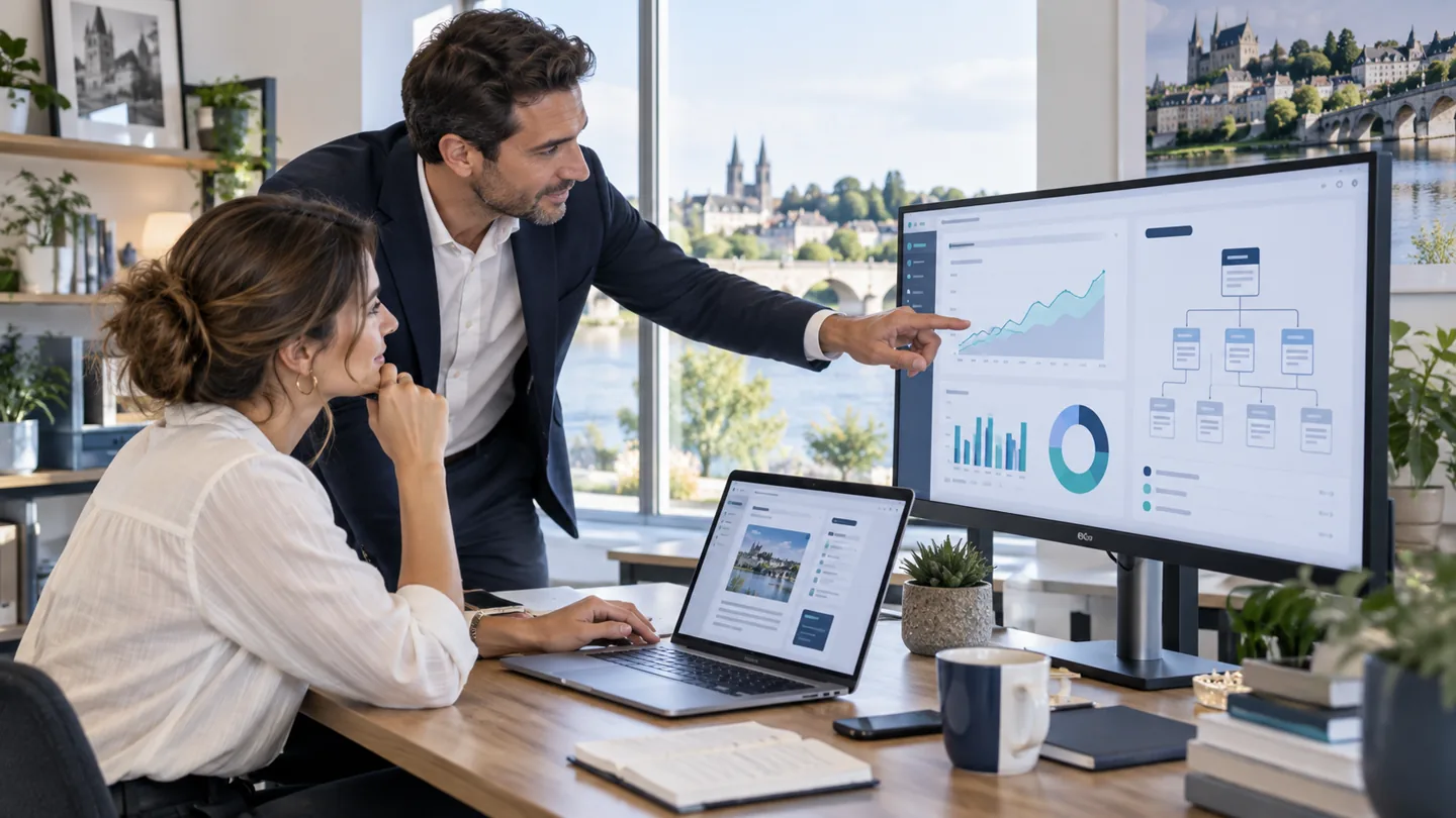 Consultant SEO et dirigeante analysant la visibilité organique d’une entreprise à Tours