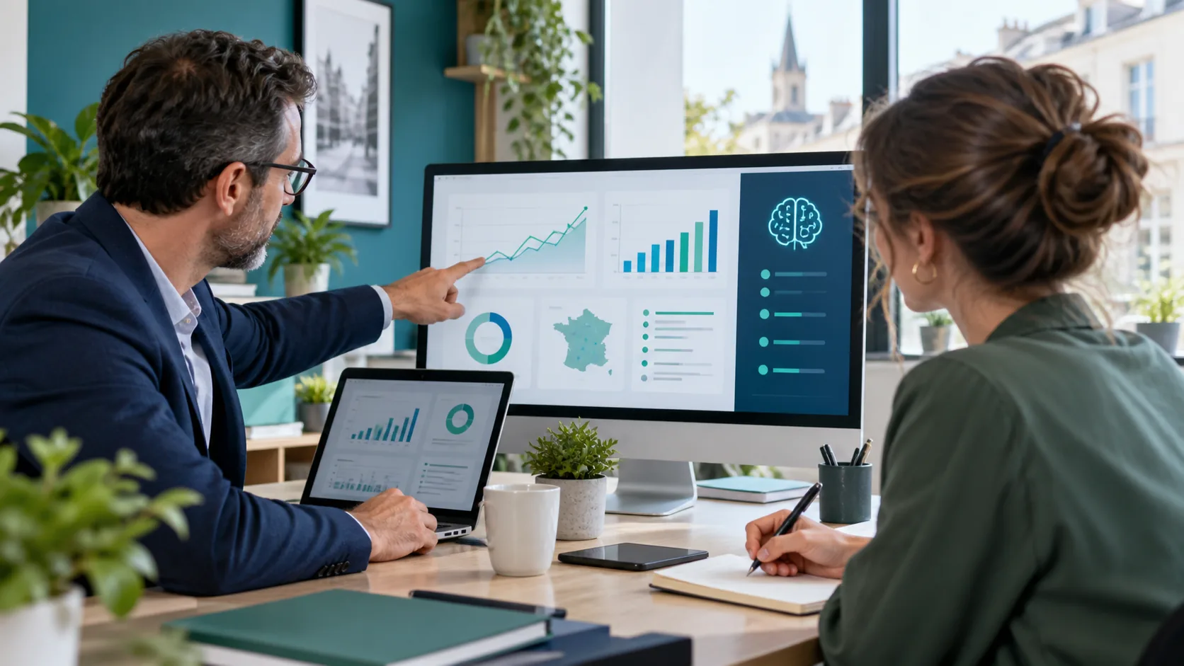 Atelier de stratégie SEO AEO GEO avec analyse des requêtes, calendrier éditorial et contenus à optimiser