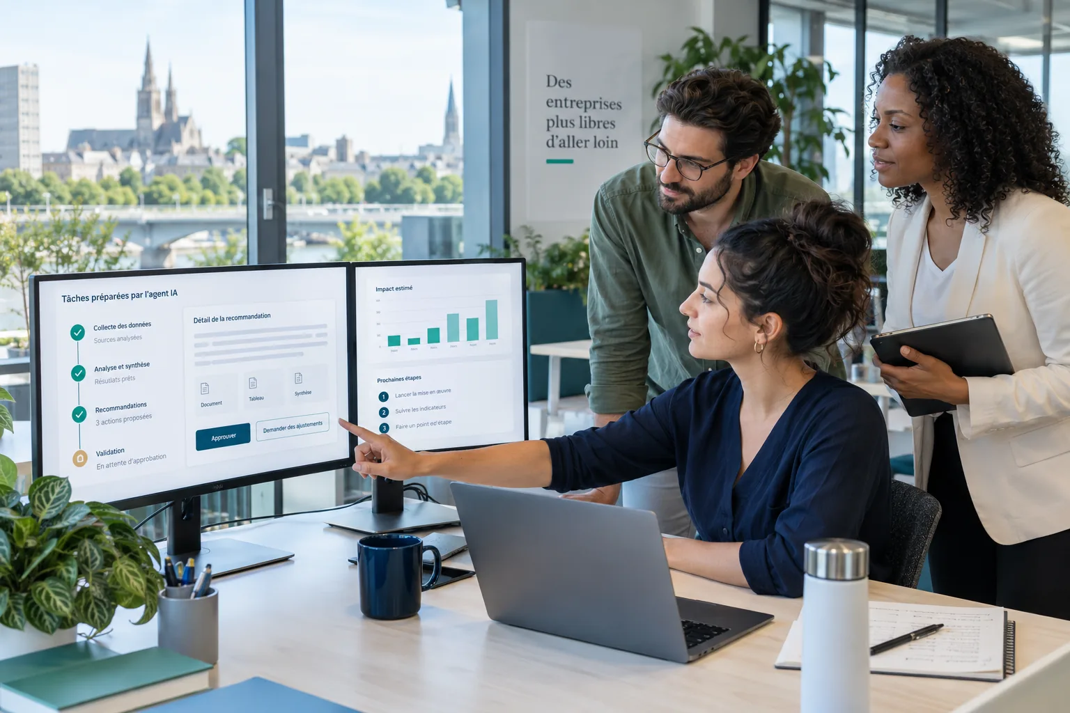 Équipe vérifiant les recommandations préparées par un agent IA avant validation humaine
