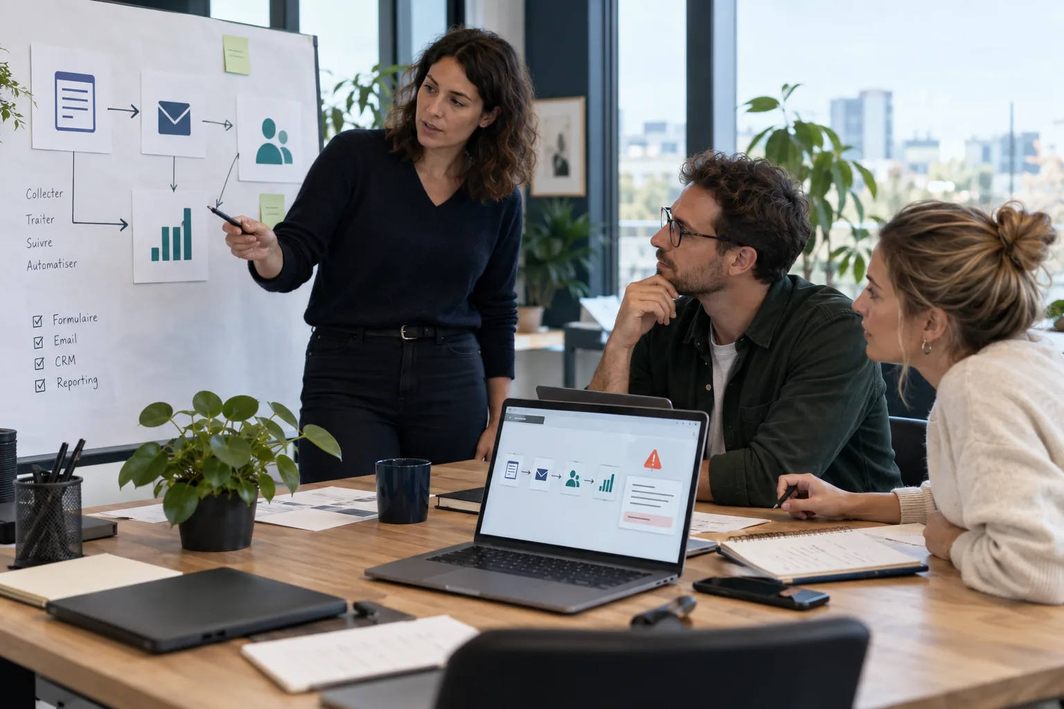 Équipe cartographiant un workflow entre formulaire, email, CRM et reporting