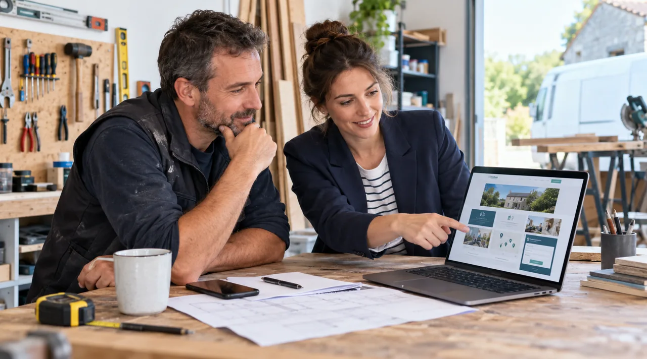Artisan et consultante examinant un site professionnel qui présente les services, la zone et les demandes de devis.