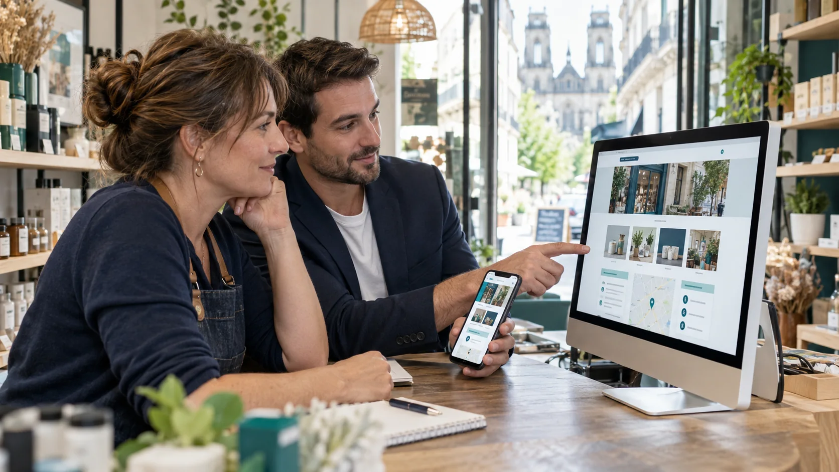 Commerçante et consultant examinant sur ordinateur et mobile les produits, horaires, accès et contacts du site.
