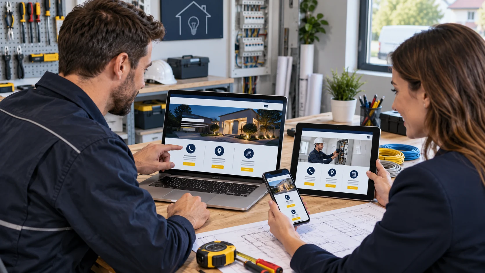 Électricien et consultante testant un site local sur ordinateur, tablette et téléphone.