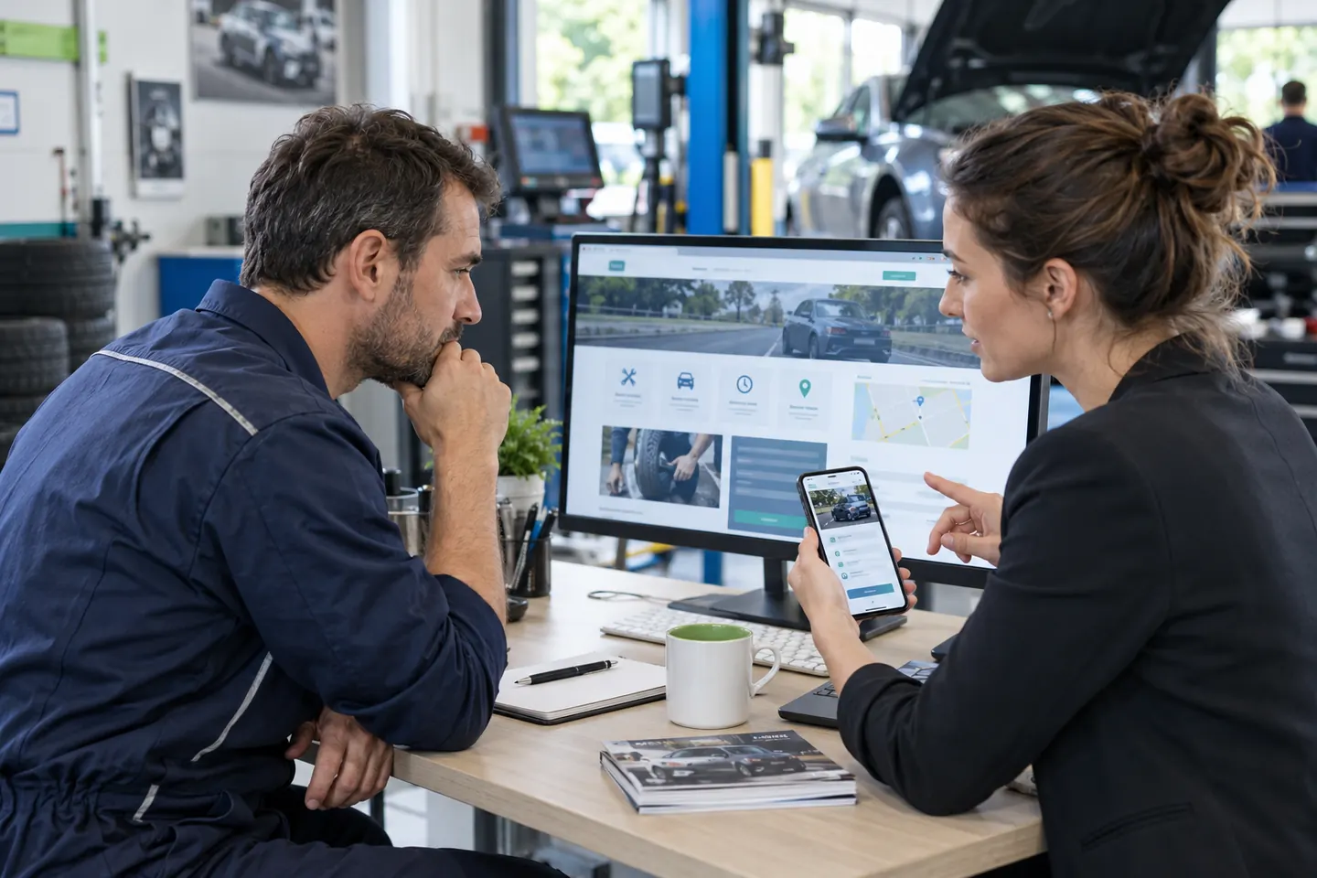 Garagiste et consultante structurant les prestations, horaires, zone et rendez-vous d’un site de garage.