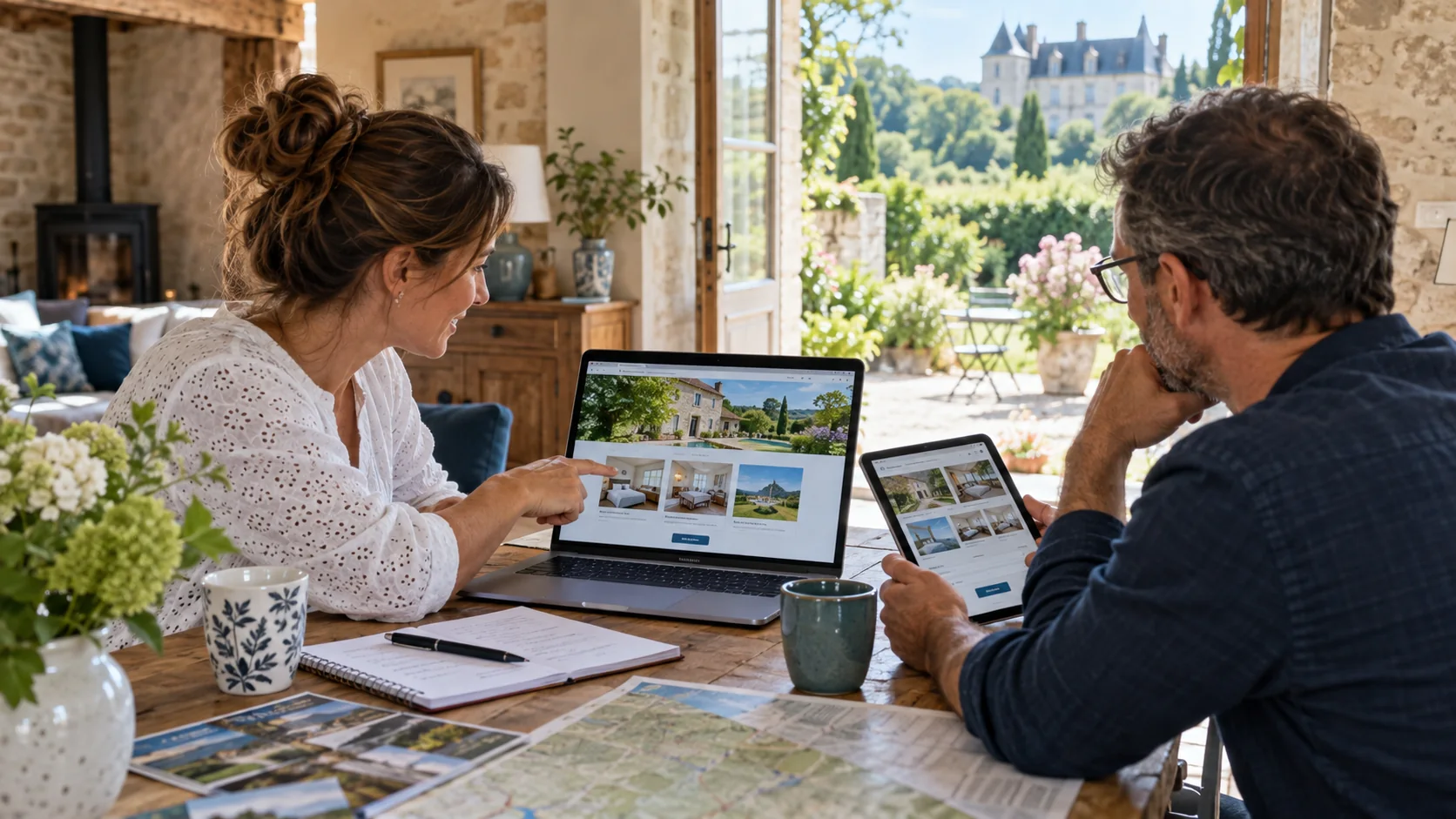 Propriétaire et consultant examinant le site responsive du gîte, ses équipements et disponibilités.