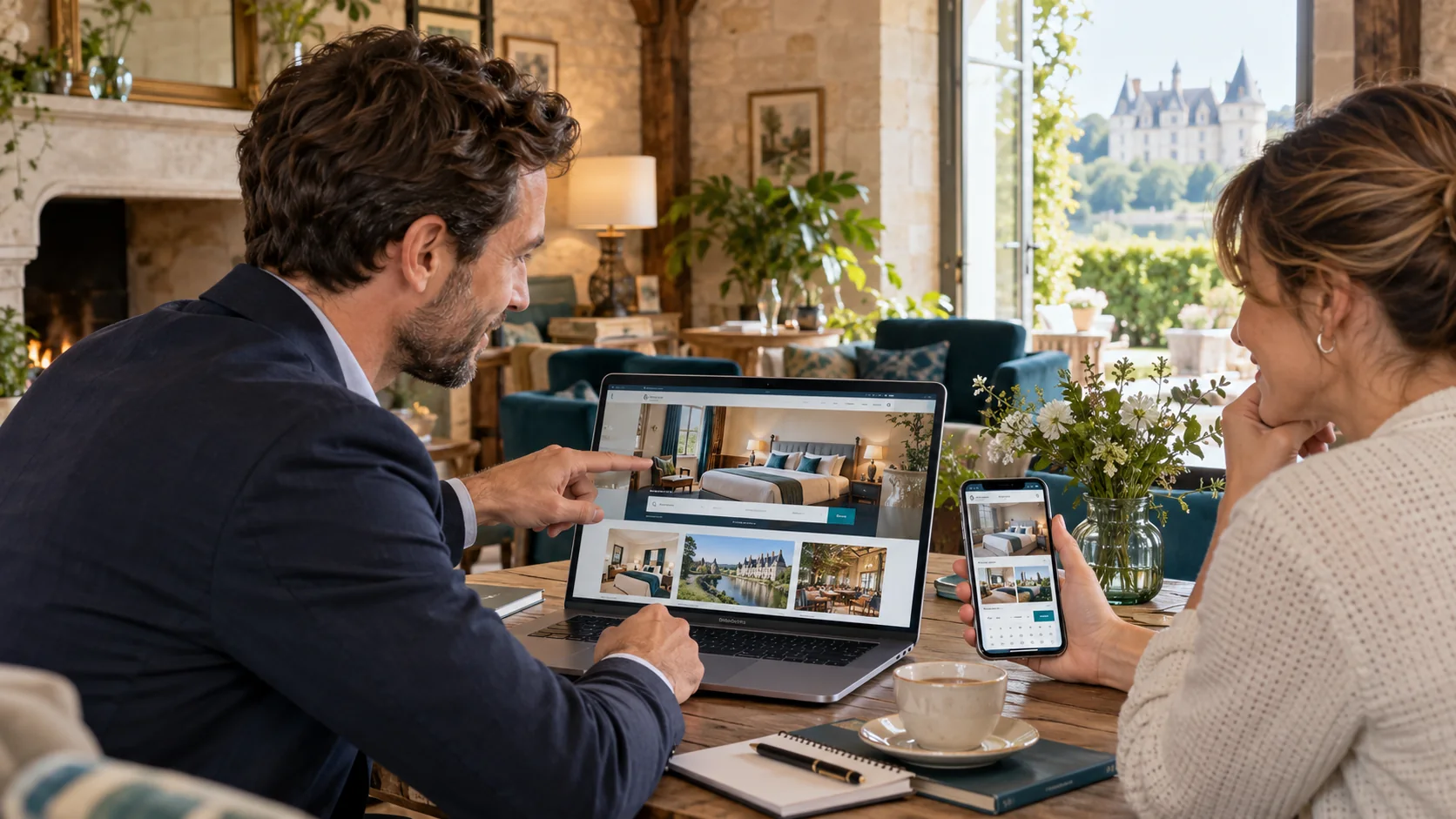 Gérante et consultant examinant le site responsive d’un hôtel, ses chambres et son parcours de réservation.