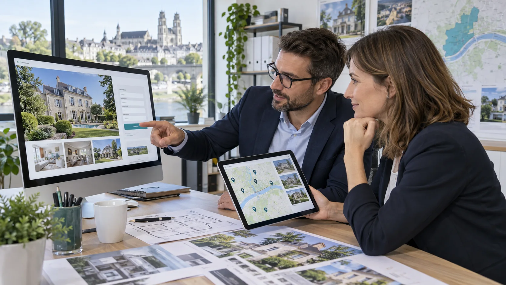 Professionnels examinant un site immobilier responsive, ses biens, secteurs et formulaire d’estimation.