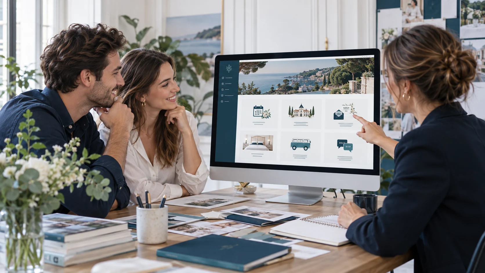 Futurs mariés et consultante structurant le programme, les lieux et le RSVP de leur site de mariage.