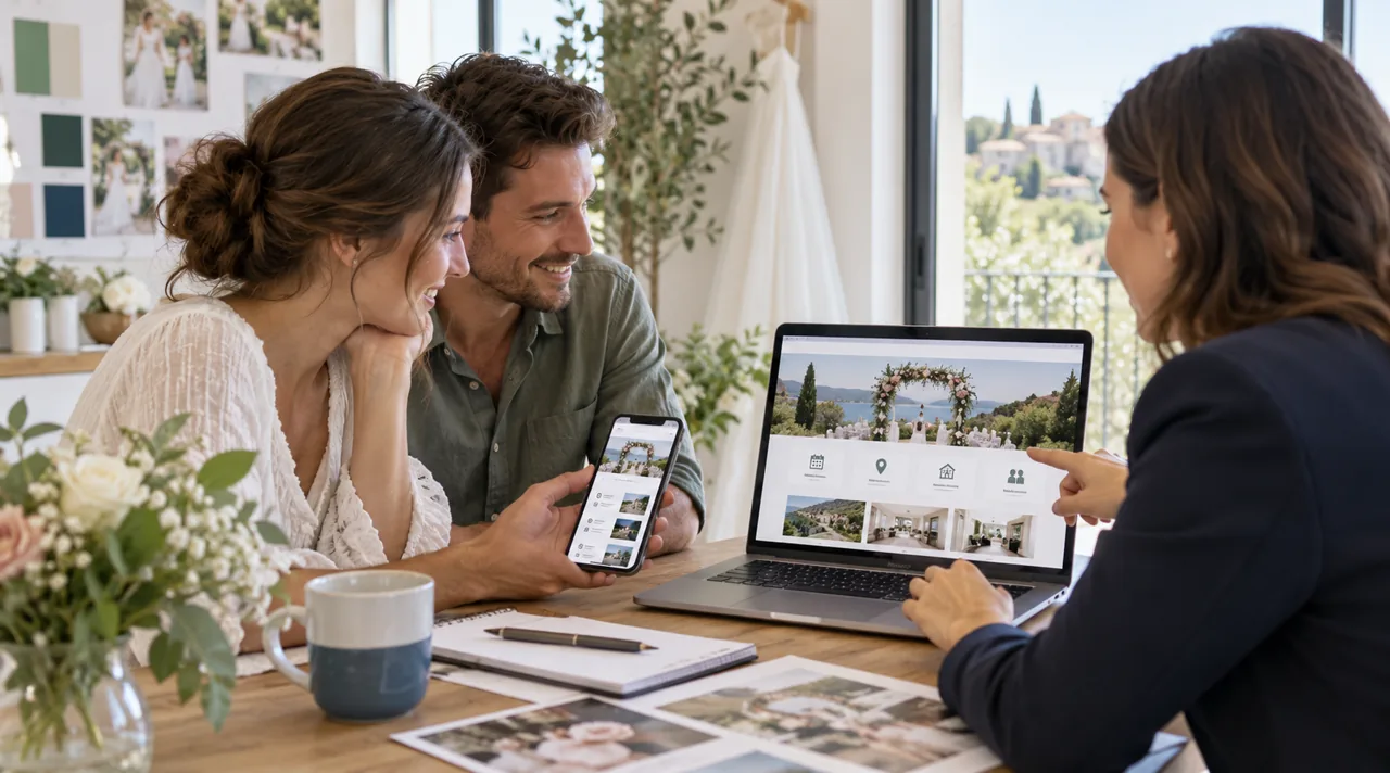 Futurs mariés et consultante examinant leur site de mariage sur ordinateur et téléphone.