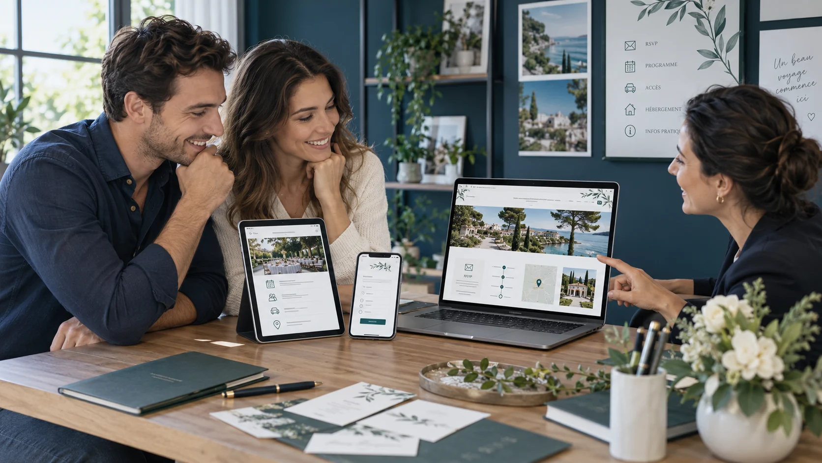 Couple testant un site internet de mariage sur ordinateur, tablette et téléphone avec une consultante.