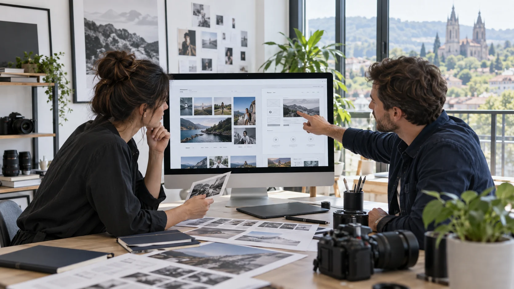 Photographe et consultant structurant un portfolio WordPress dans un studio lumineux.