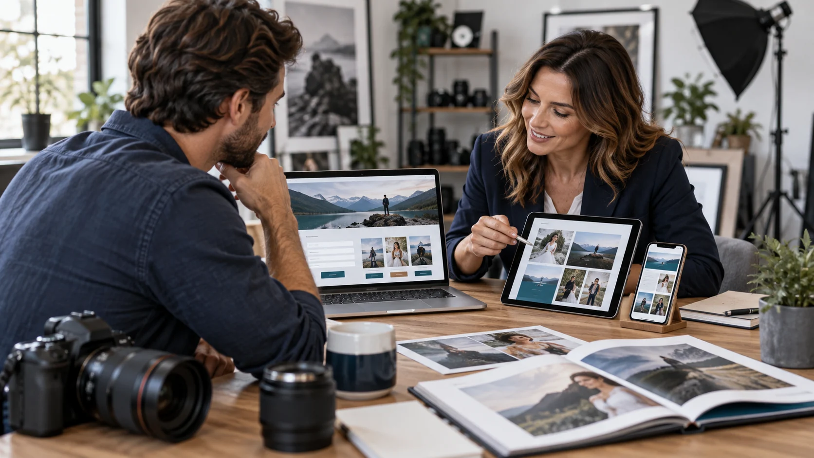 Atelier de conversion pour un site de photographe affiché sur ordinateur, tablette et mobile.