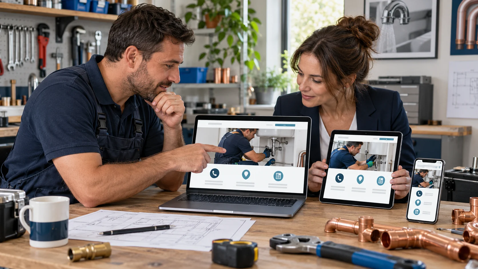 Plombier et consultante testant un site local sur ordinateur, tablette et téléphone.