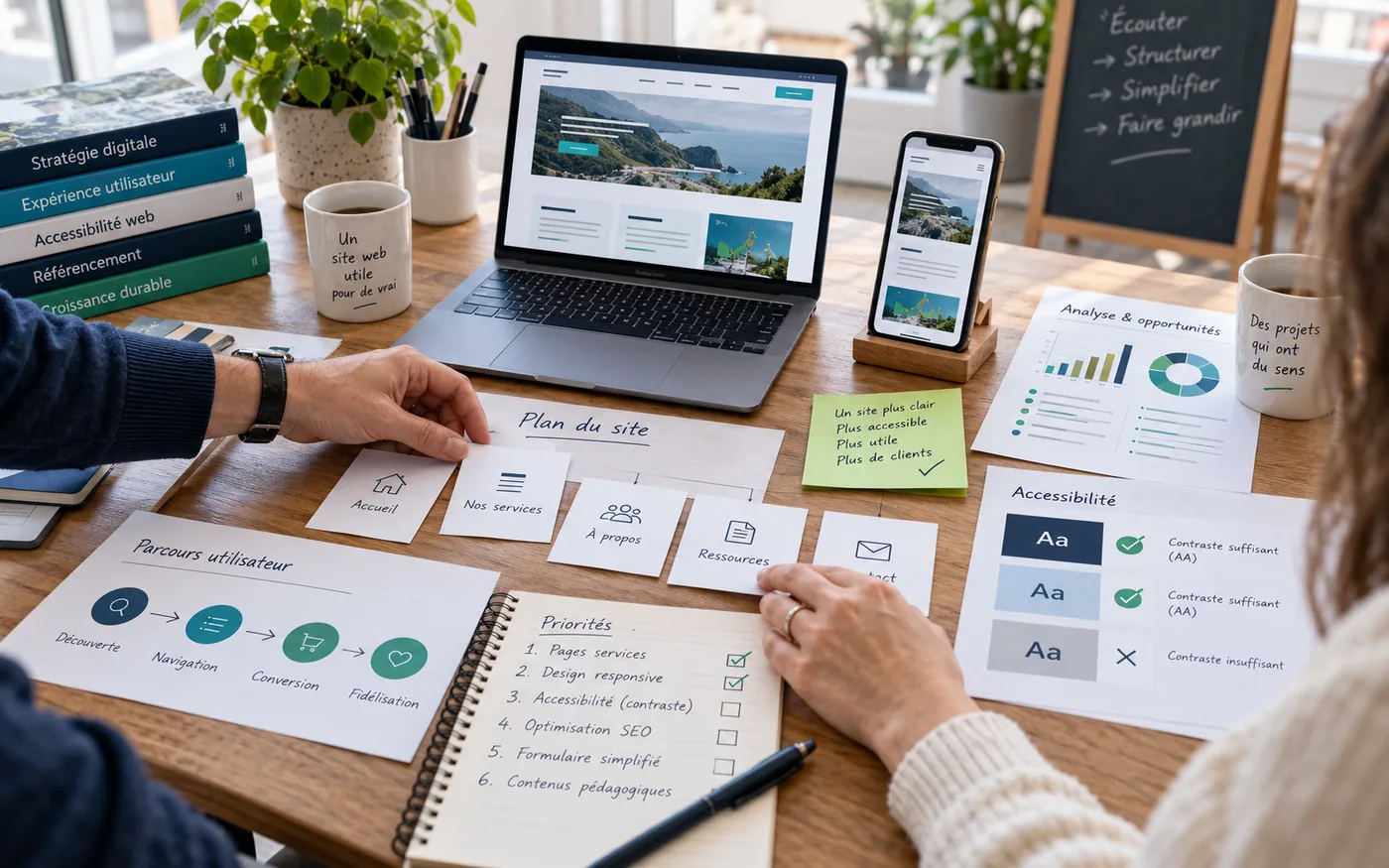 Atelier de refonte avec arborescence, maquettes responsive, accessibilité et priorités SEO.