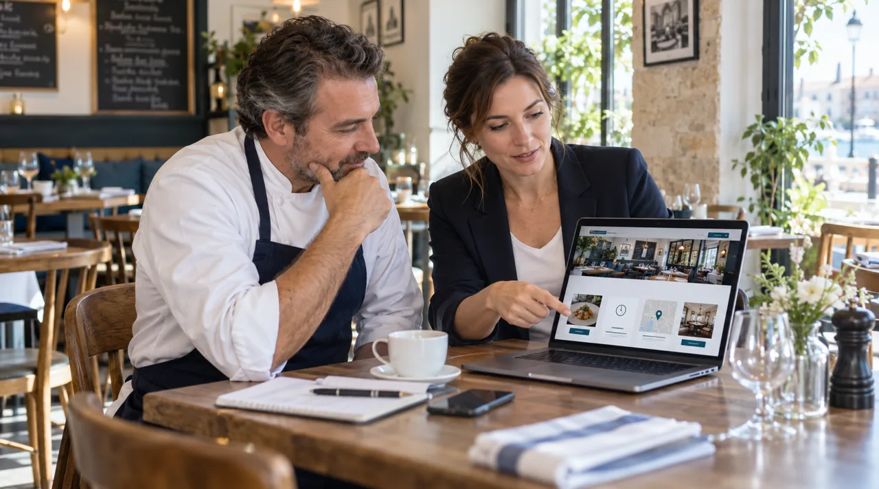 Restaurateur et consultante examinant un site professionnel avec menu, horaires et réservation.