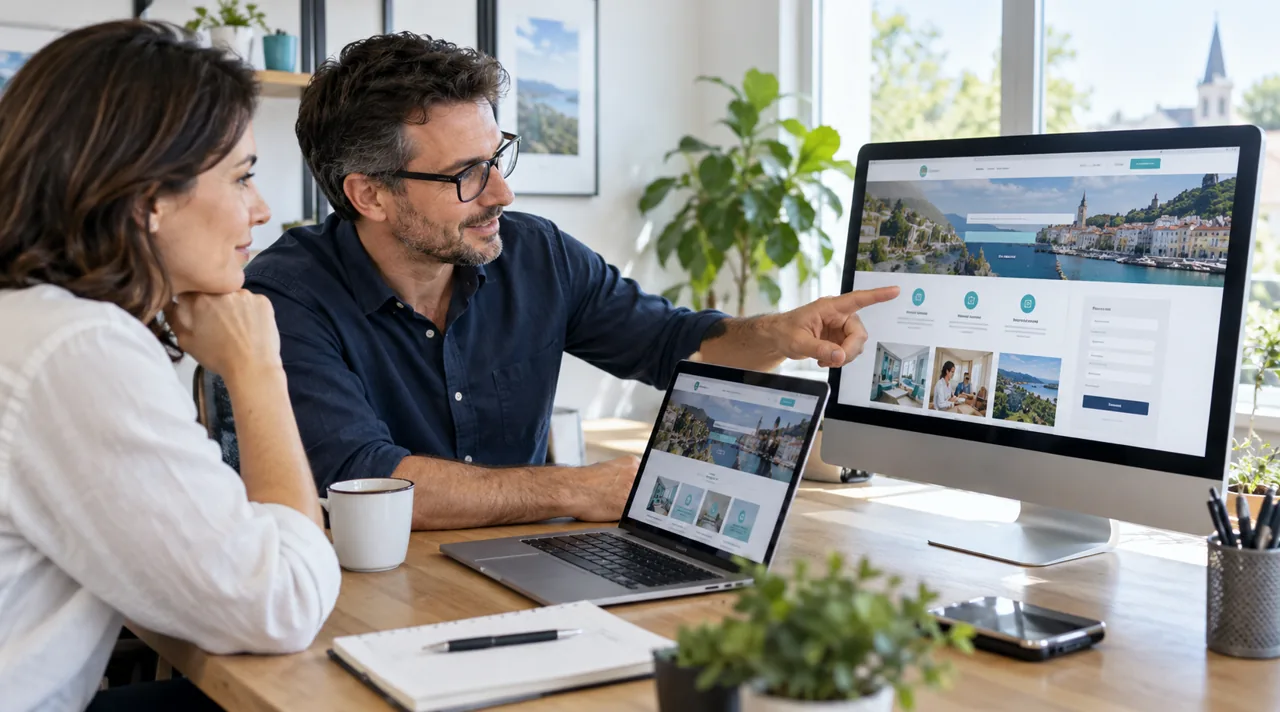 Entrepreneure et consultant examinant des blocs no-code WordPress sur ordinateur et mobile.