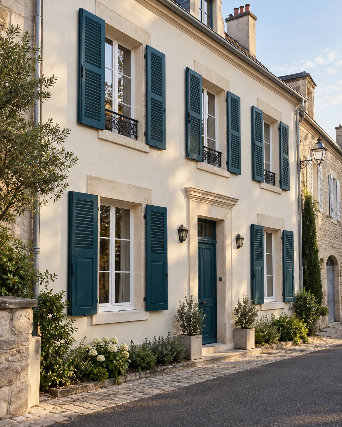 Façade rénovée avec peinture claire et volets bleu-vert
