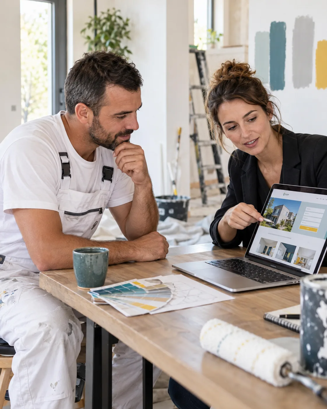 Un peintre échange avec une consultante sur son futur site internet
