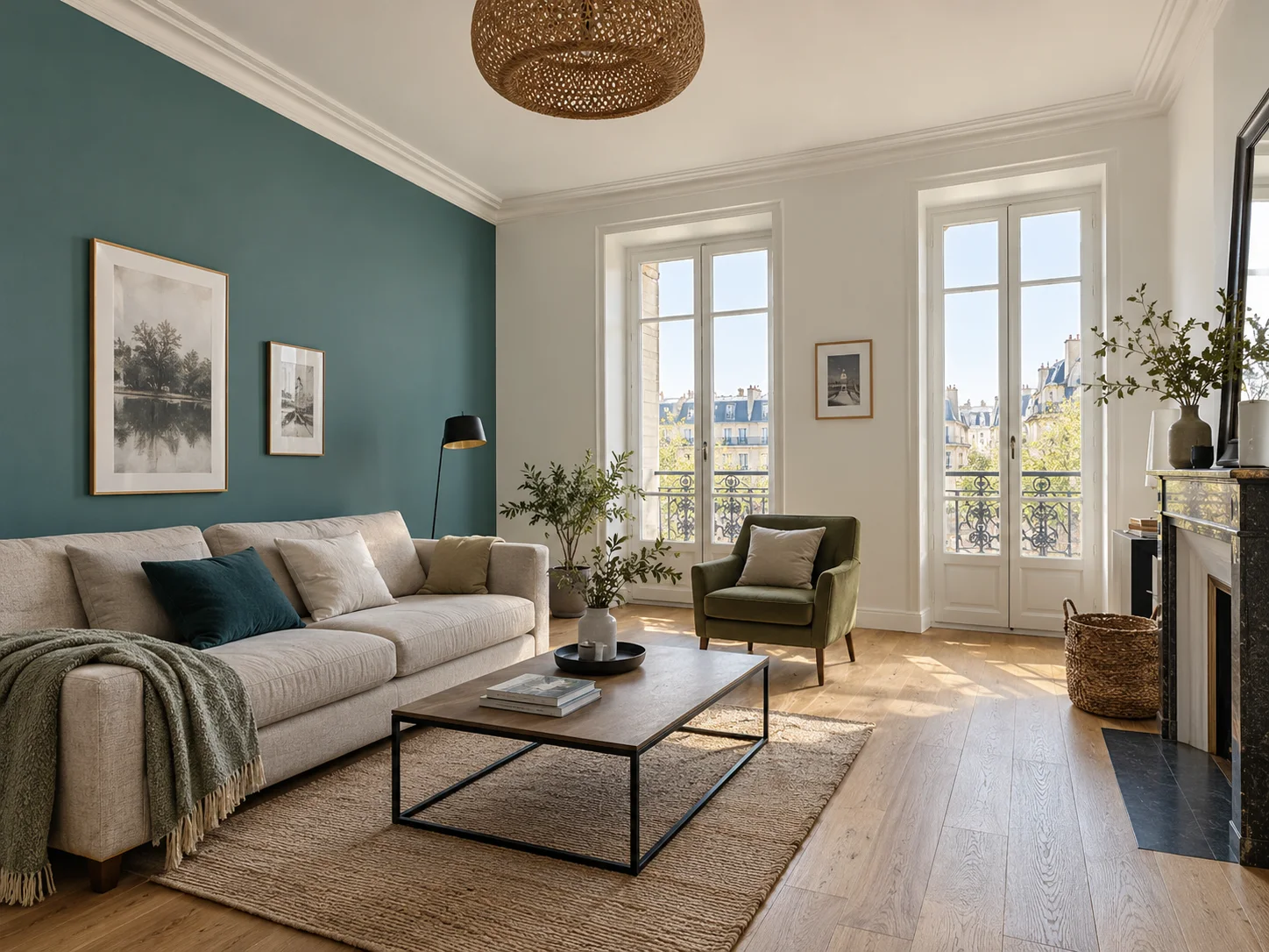 Salon terminé avec mur bleu-vert et finitions de peinture nettes