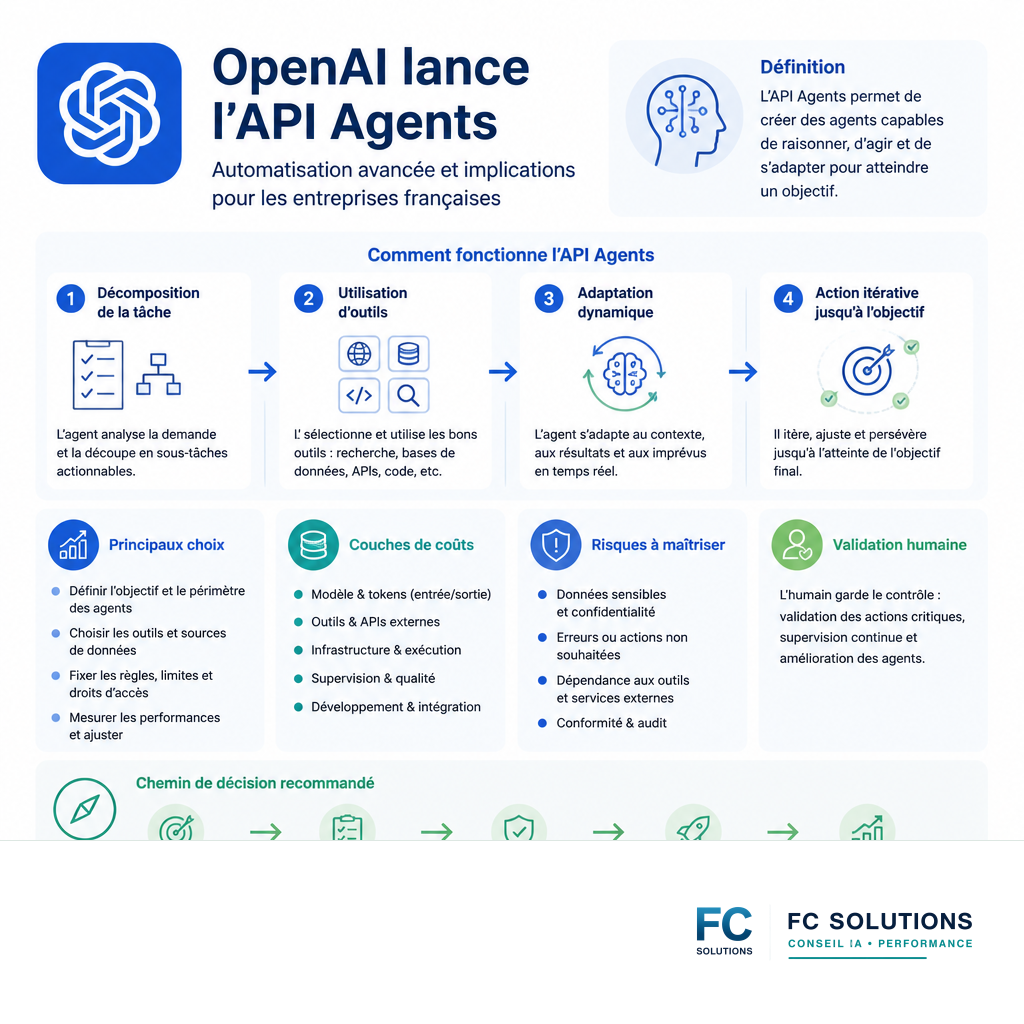 Infographie illustrant les capacités clés de l'API Agents d'OpenAI : décomposition de tâches, utilisation d'outils, adaptation dynamique et action itérative.