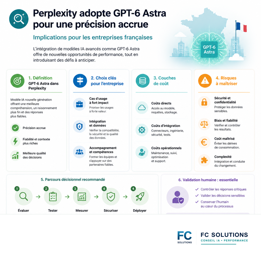 Infographie résumant les bénéfices et les défis de l'intégration de GPT-6 Astra pour les entreprises.