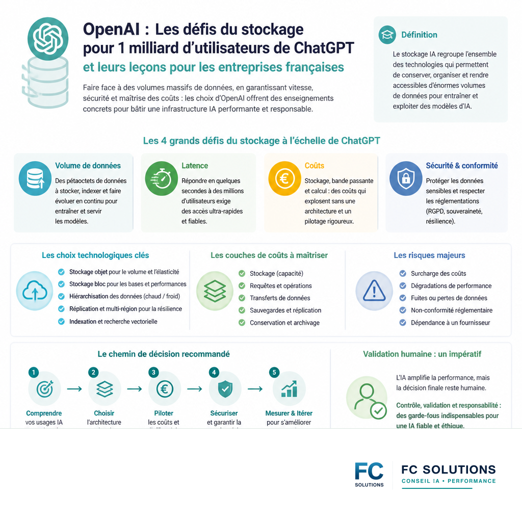 Défis clés du stockage IA : volume, latence, coûts et sécurité.