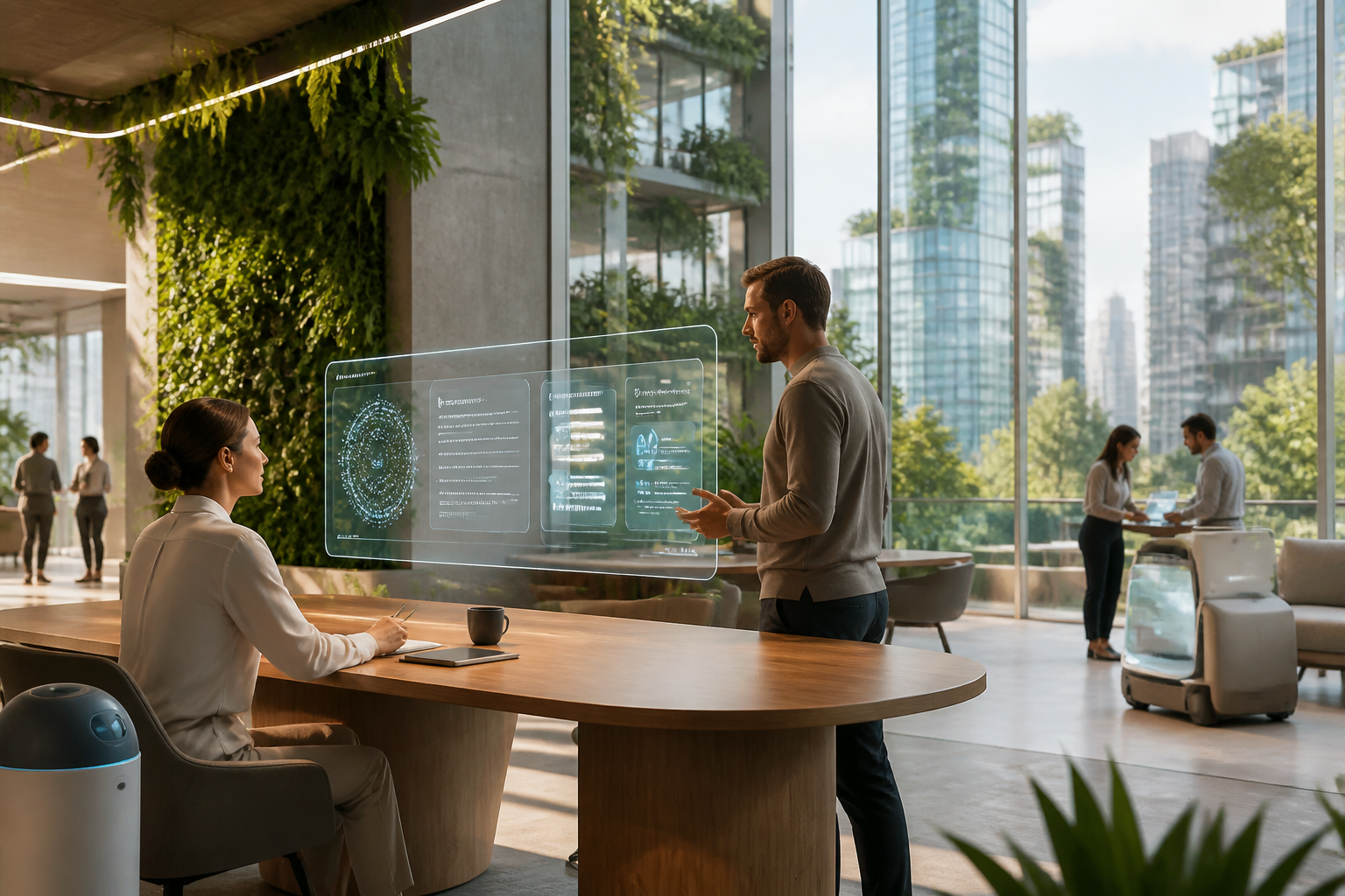 Interface d'un assistant exécutif IA affichée sur un écran holographique dans un bureau moderne, illustrant la confiance et l'efficacité.