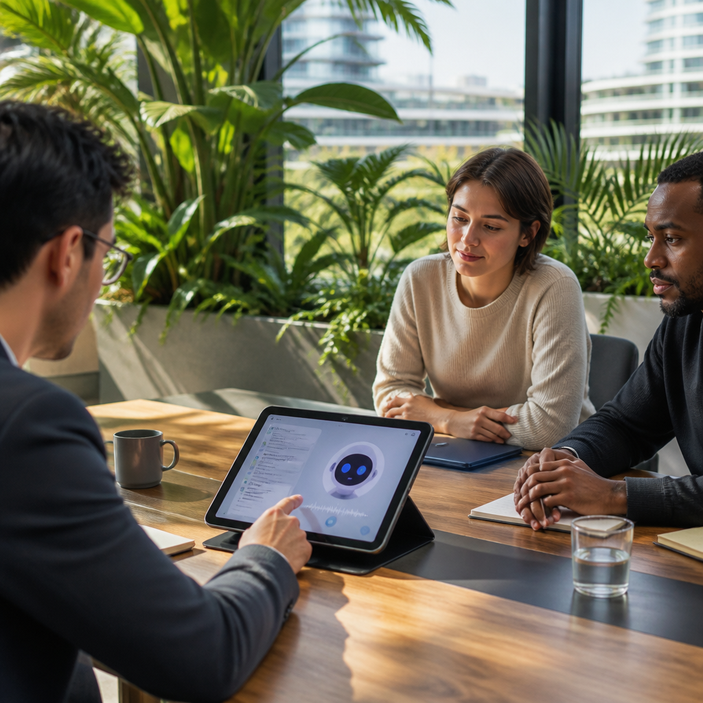 Équipe d'entreprise collaborant autour d'une table, une personne interagissant avec une tablette affichant une interface d'assistant IA.