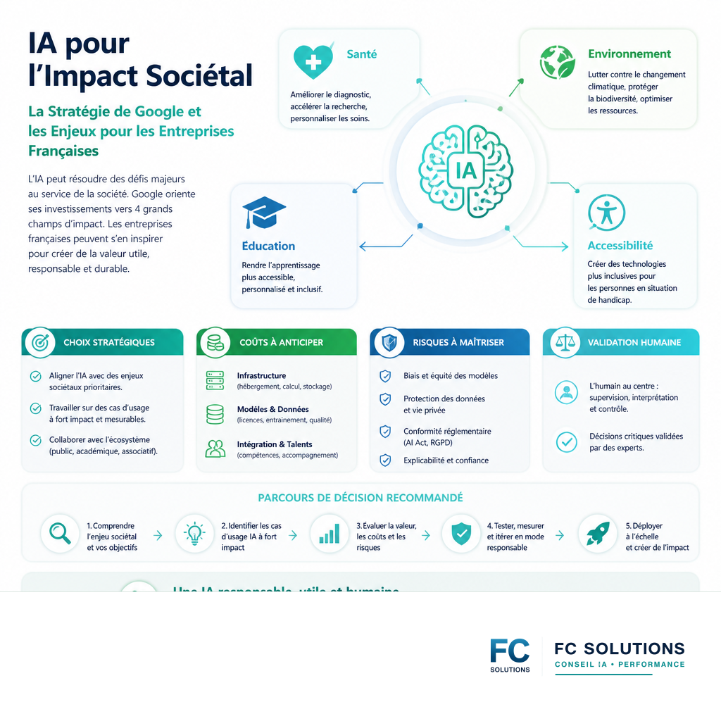 Infographie illustrant les domaines d'application de l'IA pour l'impact sociétal : santé, environnement, éducation, accessibilité.