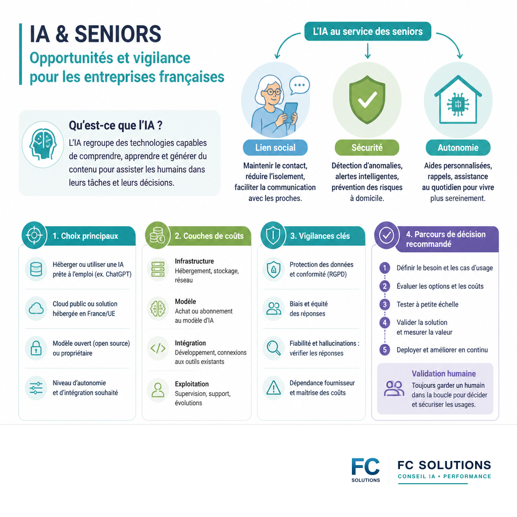 Infographie résumant les bénéfices de l'IA pour les seniors : lien social, sécurité et autonomie.