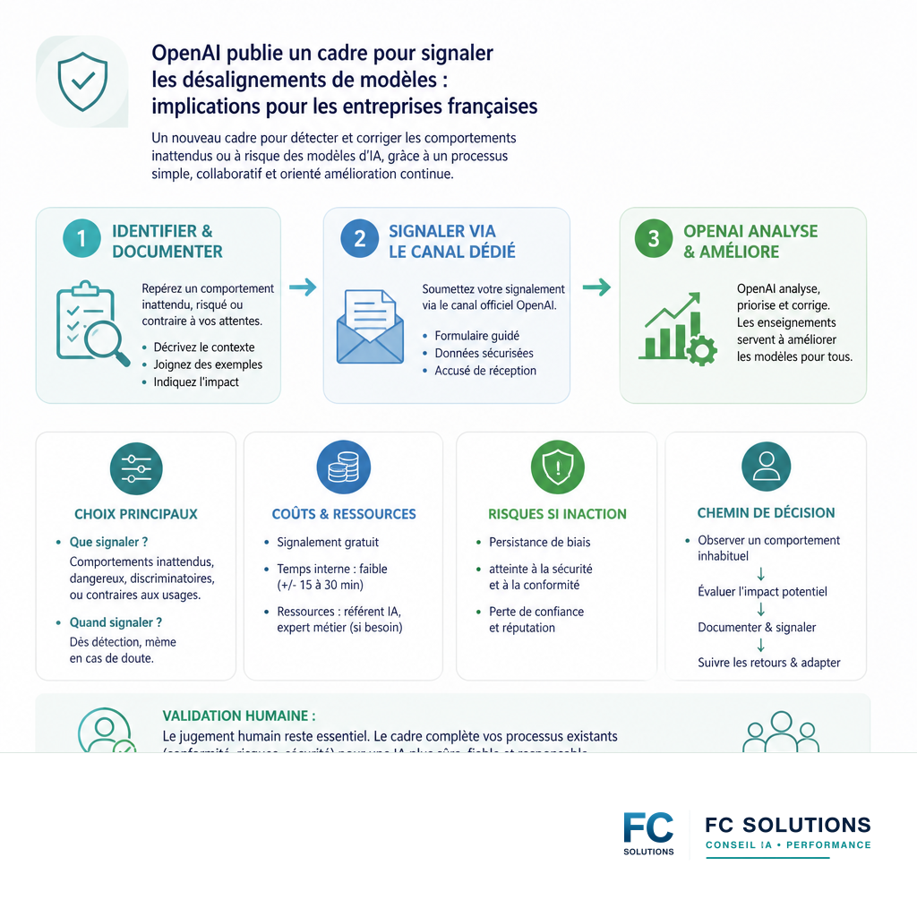 Infographie expliquant le processus de signalement des désalignements de modèles IA en trois étapes clés.