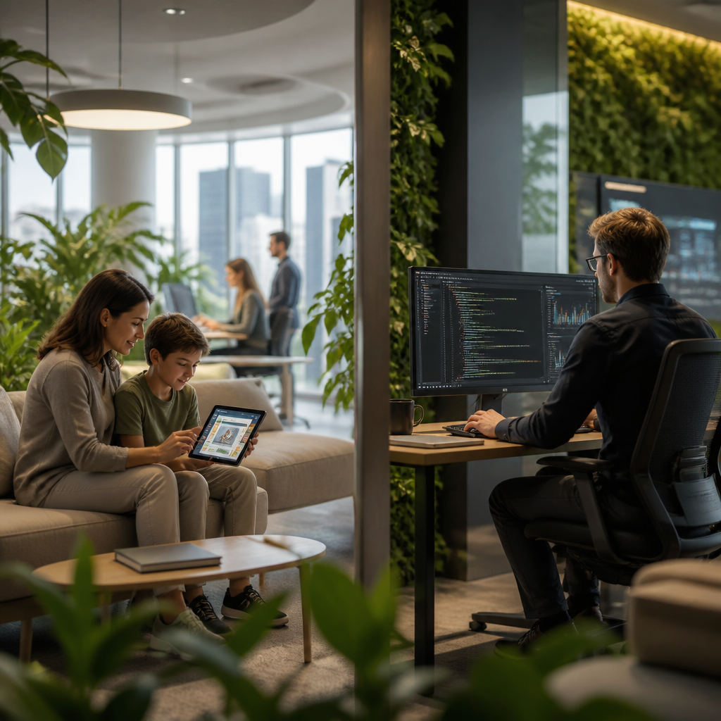 Image divisée montrant une famille utilisant une tablette éducative et un expert en cybersécurité examinant du code, représentant la sécurité des jeunes et le développement technologique.