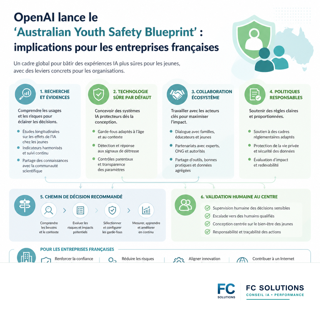 Infographie résumant les piliers du 'Australian Youth Safety Blueprint' d'OpenAI : recherche, technologie, collaboration et politique, avec des icônes claires.