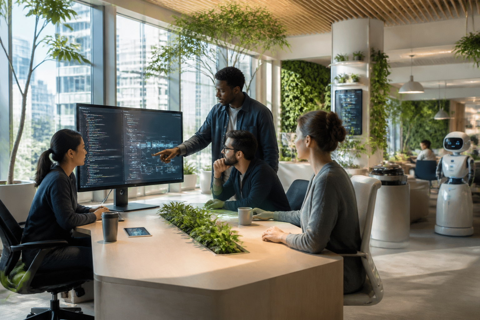 Équipe d'ingénieurs IA et de développeurs collaborant sur l'architecture d'agents IA multi-modèles dans un bureau moderne.
