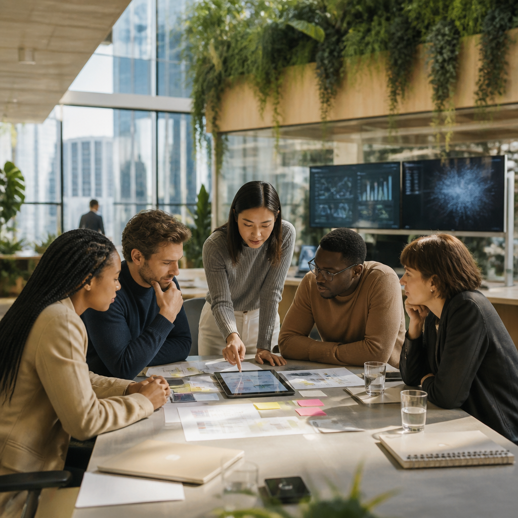 Équipe de PME validant du contenu optimisé pour le référencement IA, soulignant l'importance de l'expertise humaine.