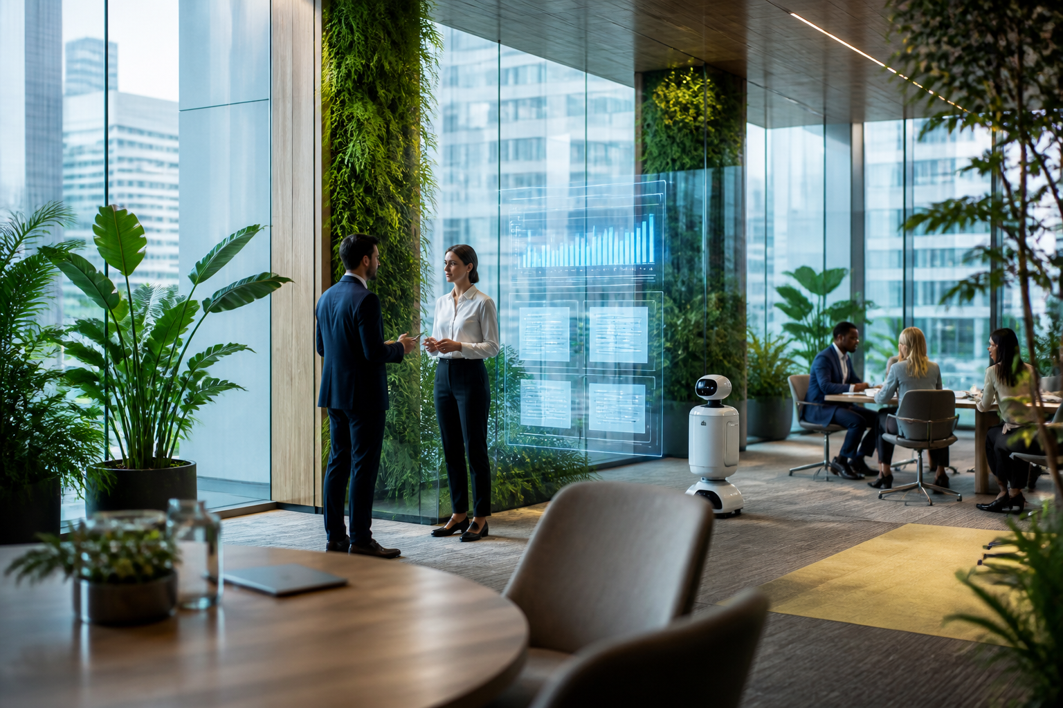 Bureau d'avocats moderne intégrant une interface IA pour l'analyse de documents financiers et juridiques lors des introductions en bourse.