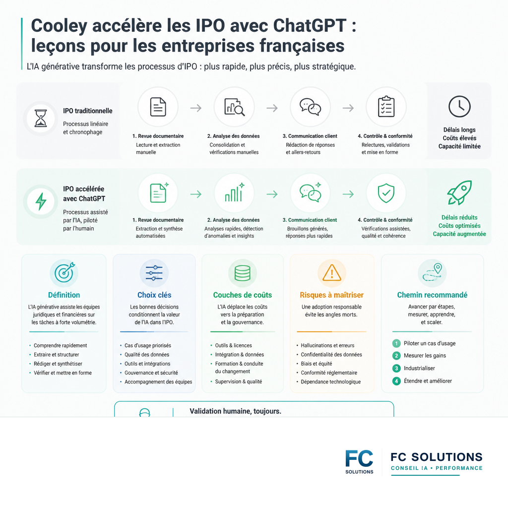 Infographie comparant les processus d'IPO traditionnels et accélérés par l'IA, illustrant les gains de temps et d'efficacité.