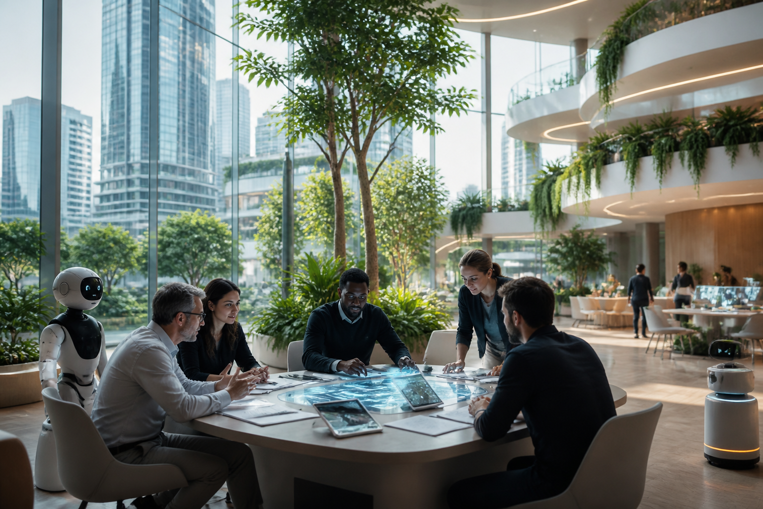 Groupe d'experts en mathématiques et en IA collaborant sur des équations et des interfaces futuristes.