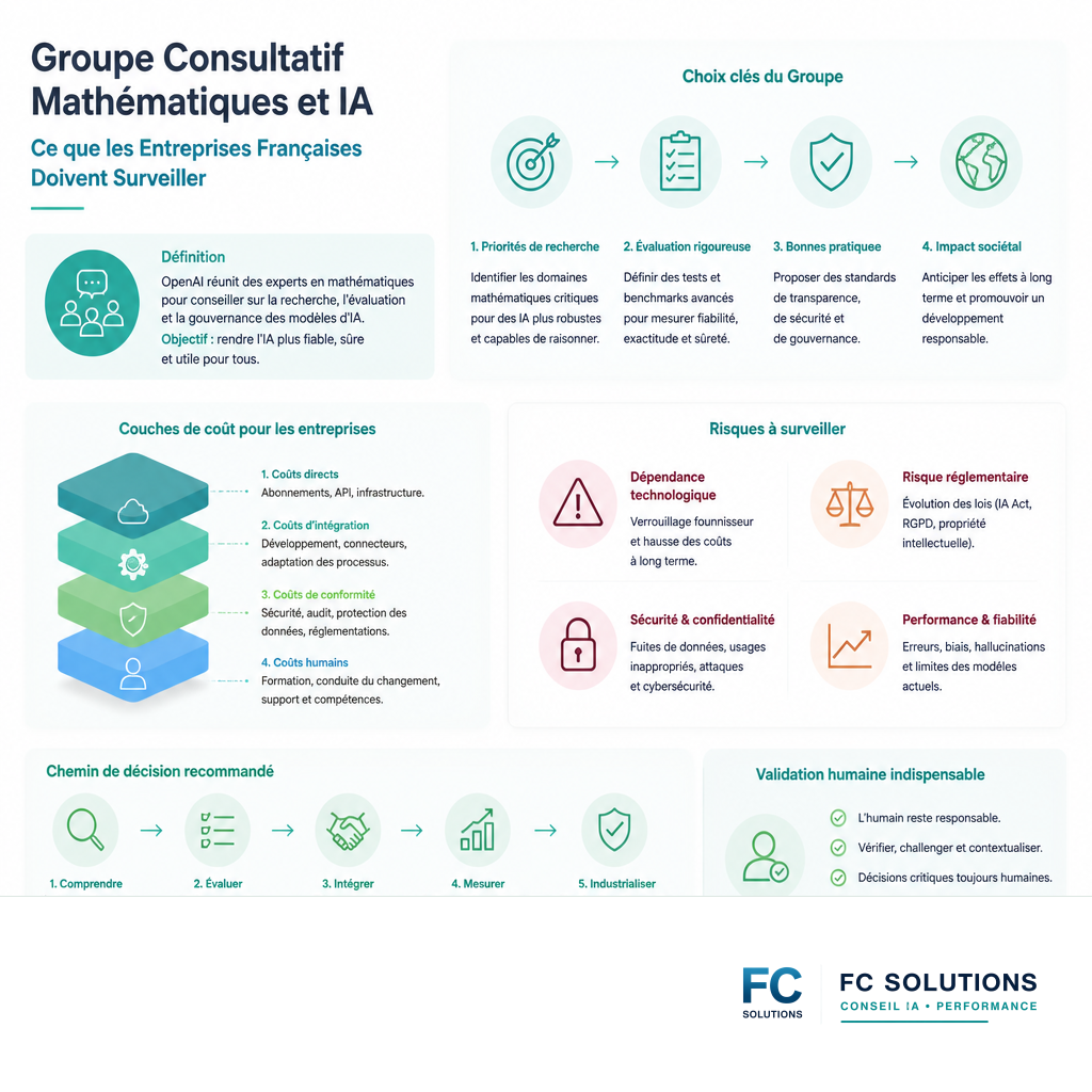 Infographie résumant les objectifs et impacts potentiels du groupe consultatif Mathématiques et IA d'OpenAI pour les entreprises.