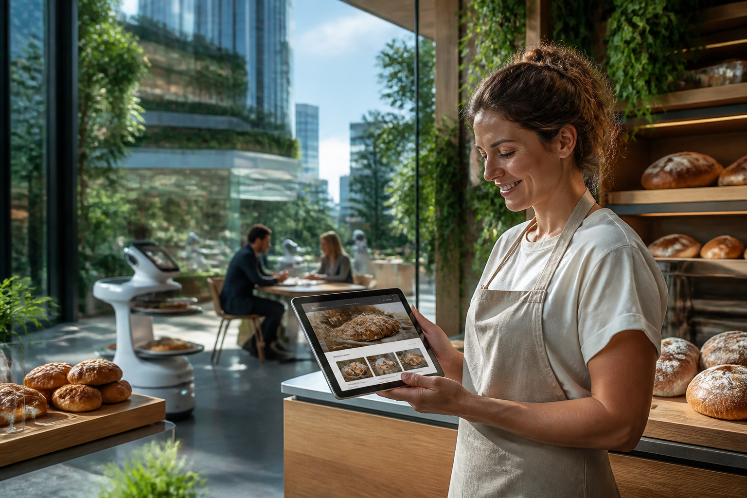 Un artisan boulanger utilise Wix ADI sur tablette pour créer son site web, illustrant la simplicité de l'IA pour les PME.