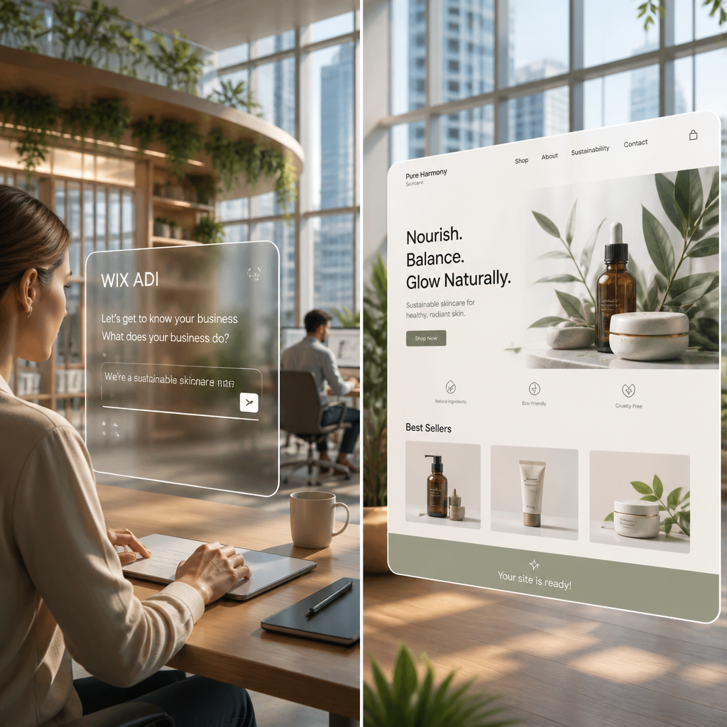 Écran partagé illustrant l'interaction utilisateur avec l'IA de Wix ADI et la génération instantanée d'un design de site web.