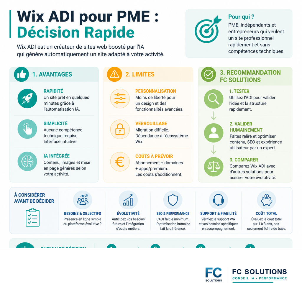 Infographie résumant les avantages, les limites et la recommandation FC Solutions pour l'utilisation de Wix ADI par les PME.