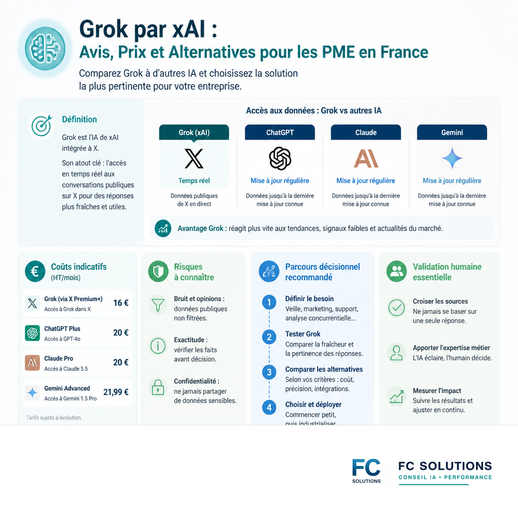 Infographie comparant l'accès aux données en temps réel de Grok (X) par rapport à d'autres IA conversationnelles pour les entreprises.