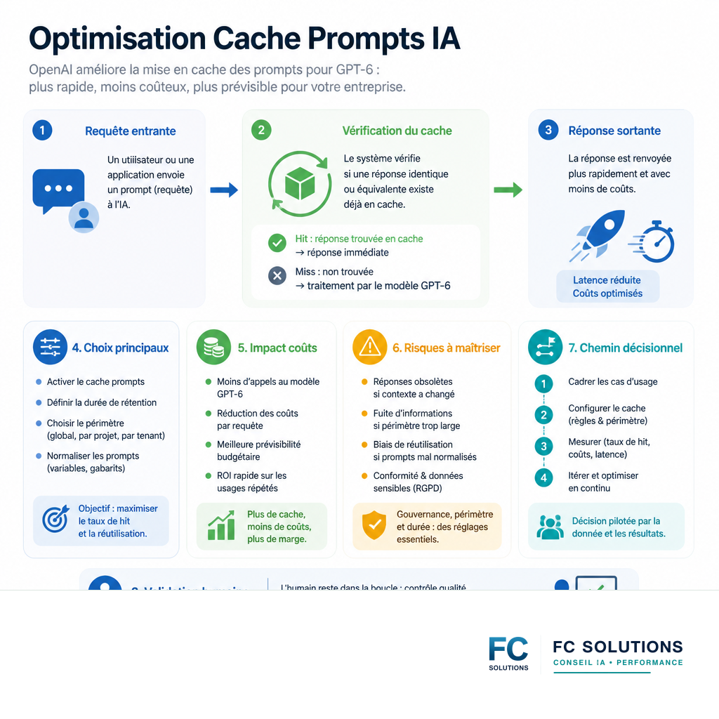 Infographie expliquant le processus de mise en cache des prompts IA pour accélérer les réponses.