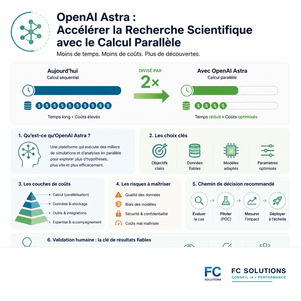 Infographie résumant la promesse d'Astra : réduction de moitié du temps et des coûts de recherche scientifique.
