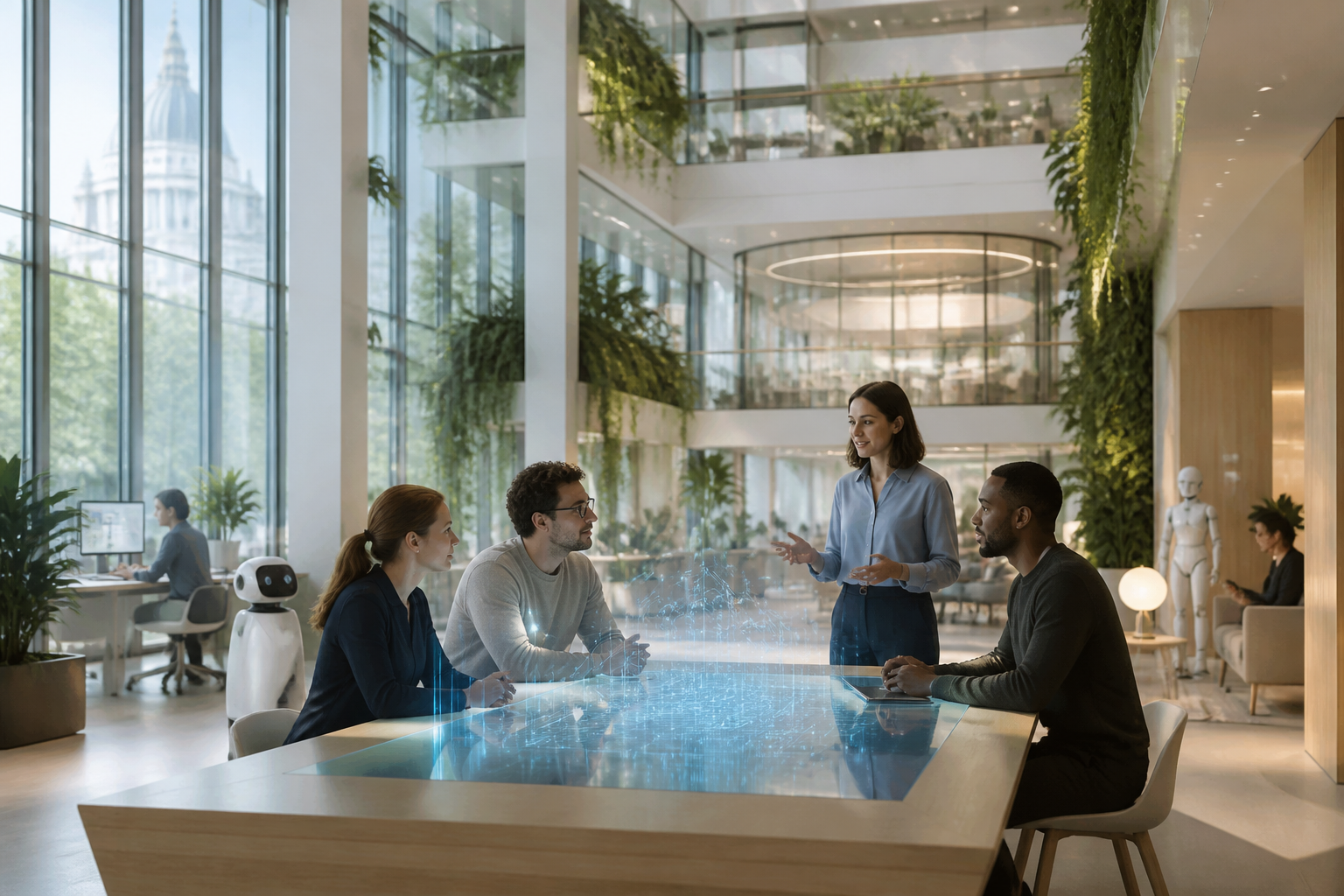 Professionnels collaborant autour d'un affichage holographique d'IA, symbolisant l'intégration de l'intelligence artificielle dans les entreprises françaises.