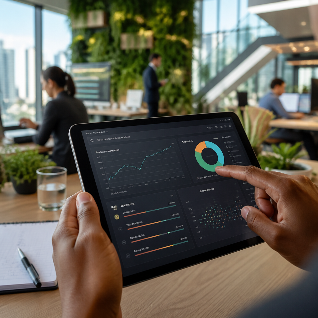Main d'un professionnel utilisant une tablette affichant des analyses IA et des métriques d'évaluation des risques, illustrant la prise de décision basée sur les données.