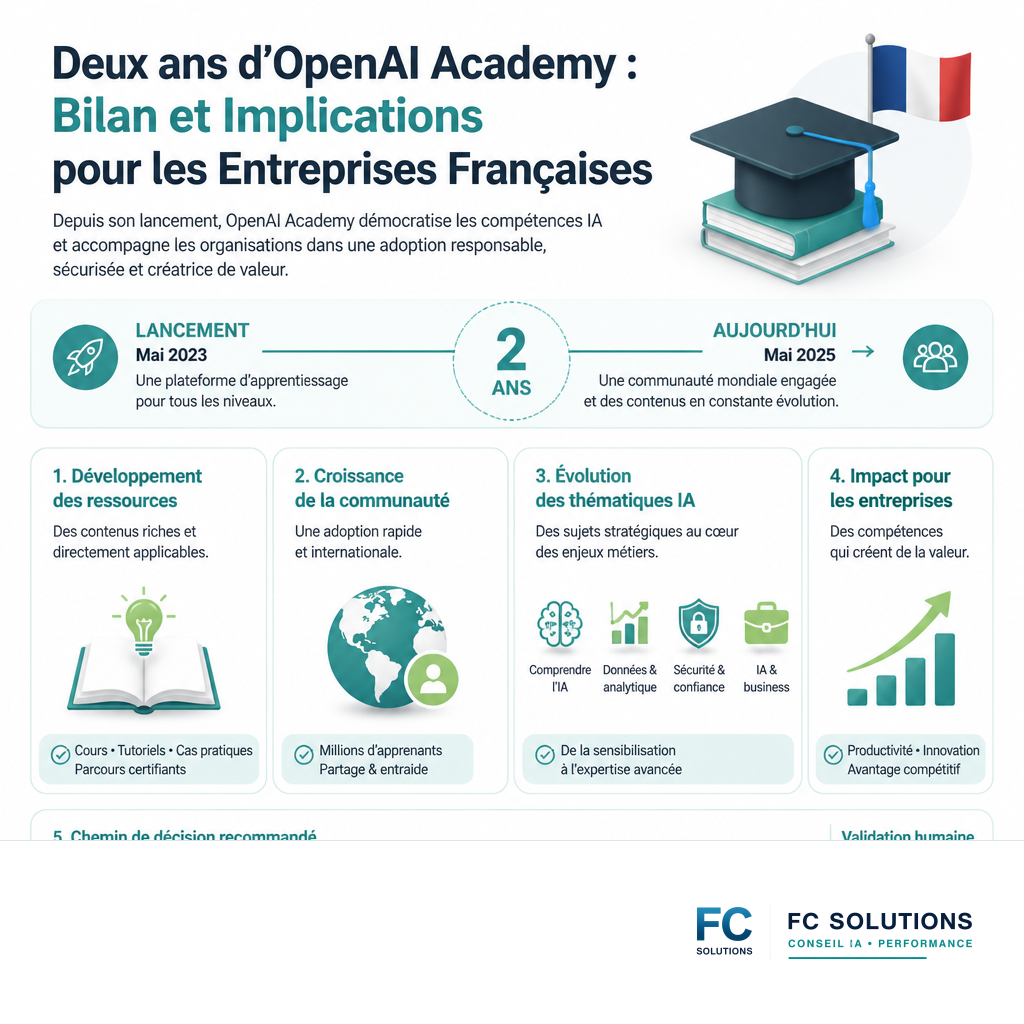 Infographie résumant les deux années d'OpenAI Academy, mettant en avant les jalons clés, les sujets couverts et l'évolution de l'IA pour les entreprises.