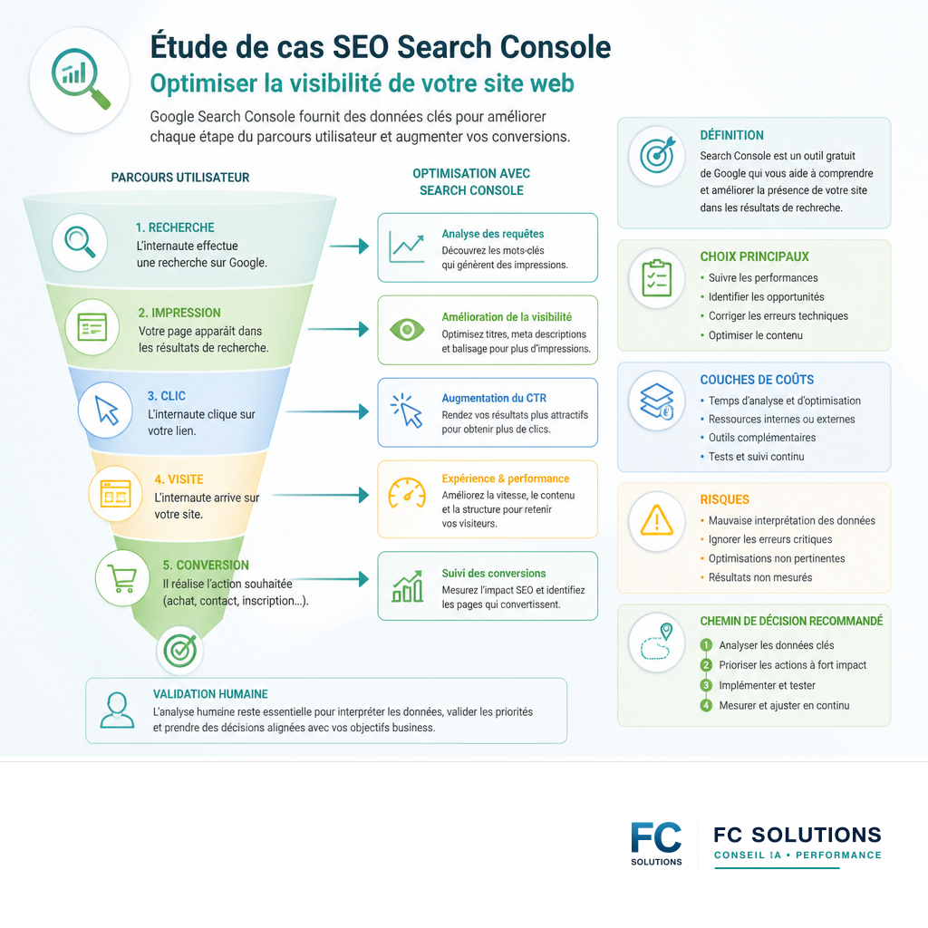 Infographie résumant le parcours utilisateur optimisé par Google Search Console, de la recherche à la conversion.